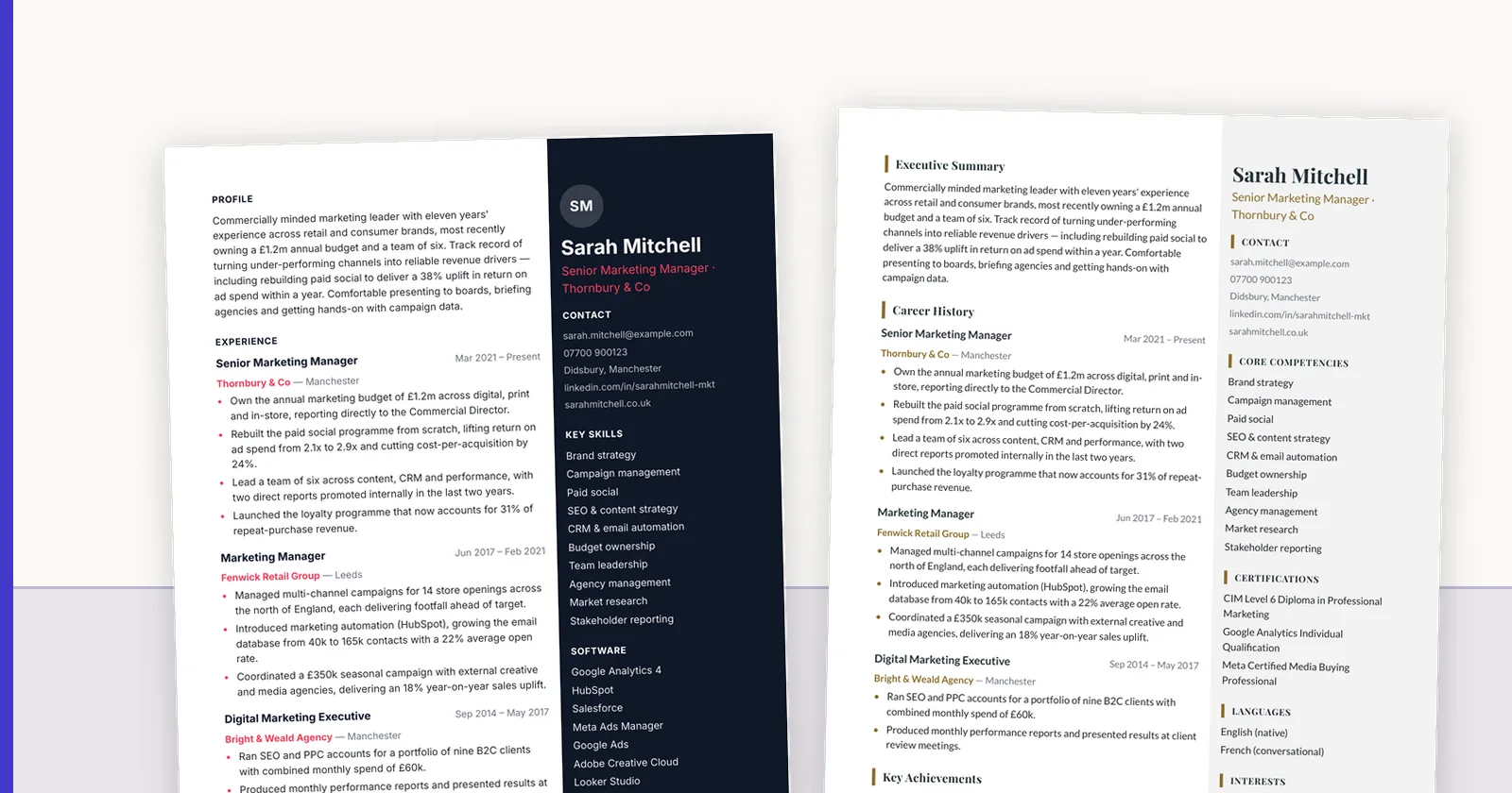 Two candidate CVs rendered side by side in different ConnectIQ templates.