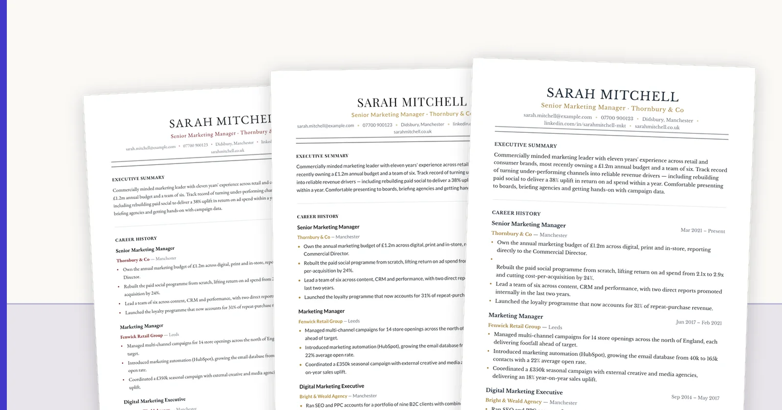 Three candidate CVs in different templates, fanned across the page.