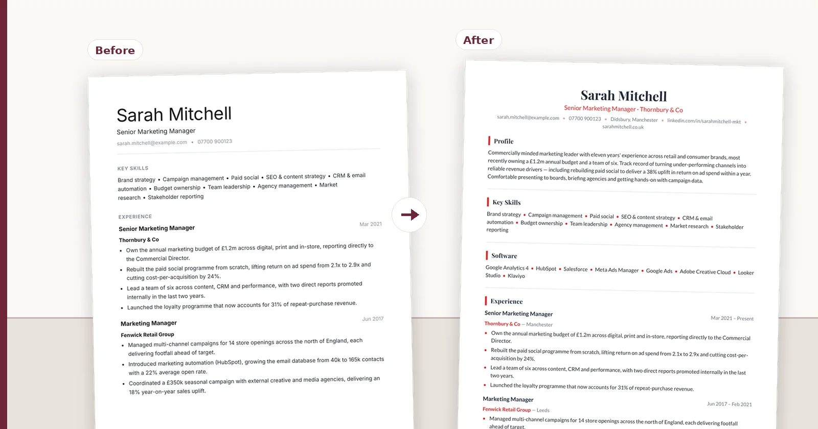 The same CV before and after formatting, with an arrow between them.
