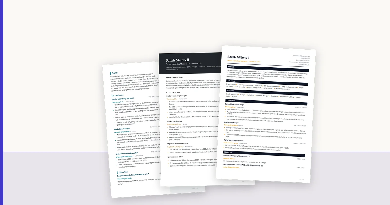 Three candidate CVs in different templates, fanned across the page.