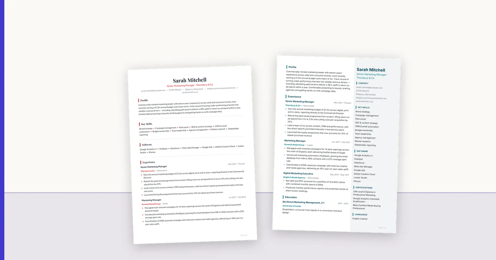 Two candidate CVs rendered side by side in different ConnectIQ templates.