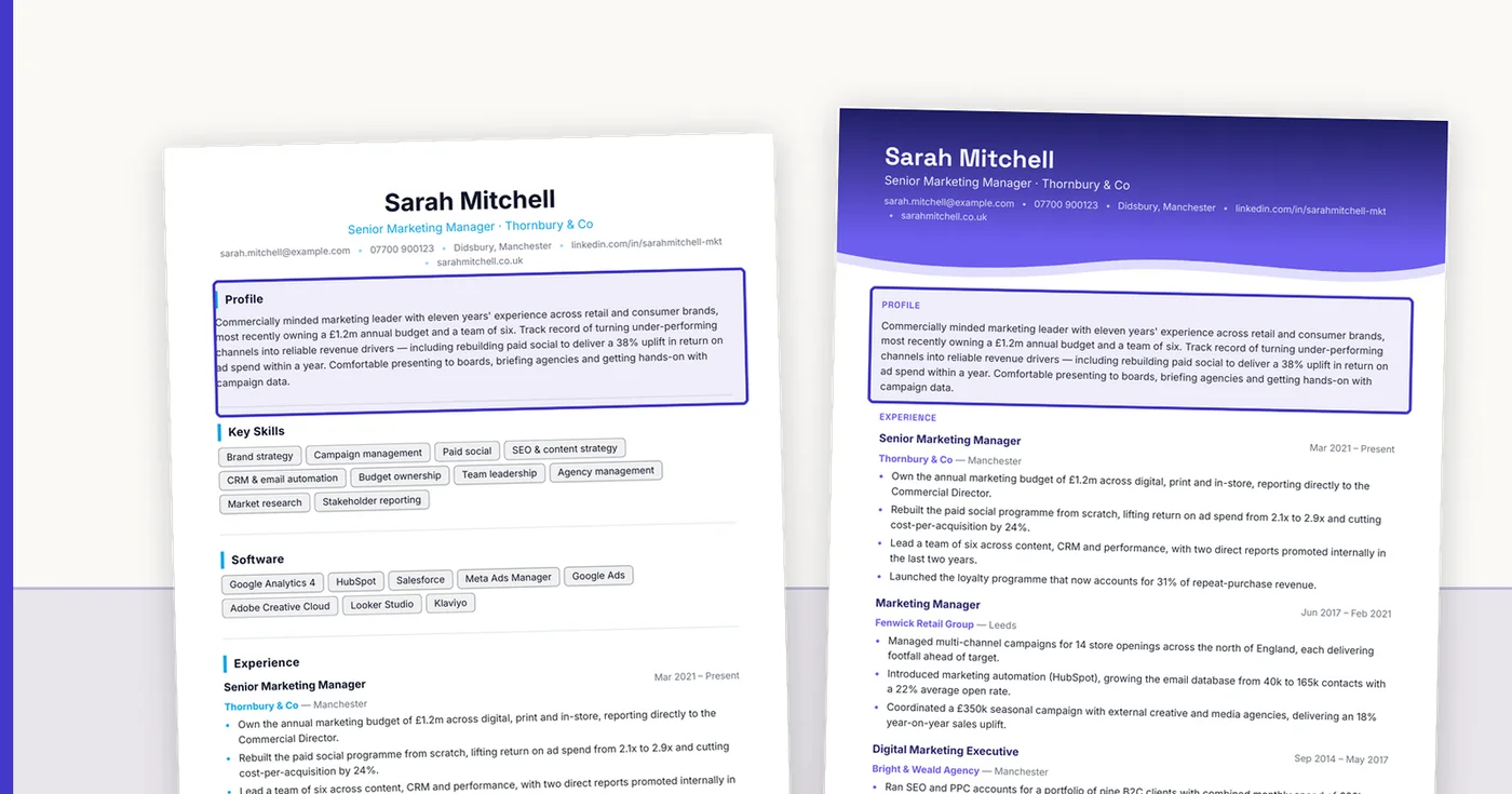 Where the personal statement sits in two common layouts: directly under the name and contact line, in the top third of page one.