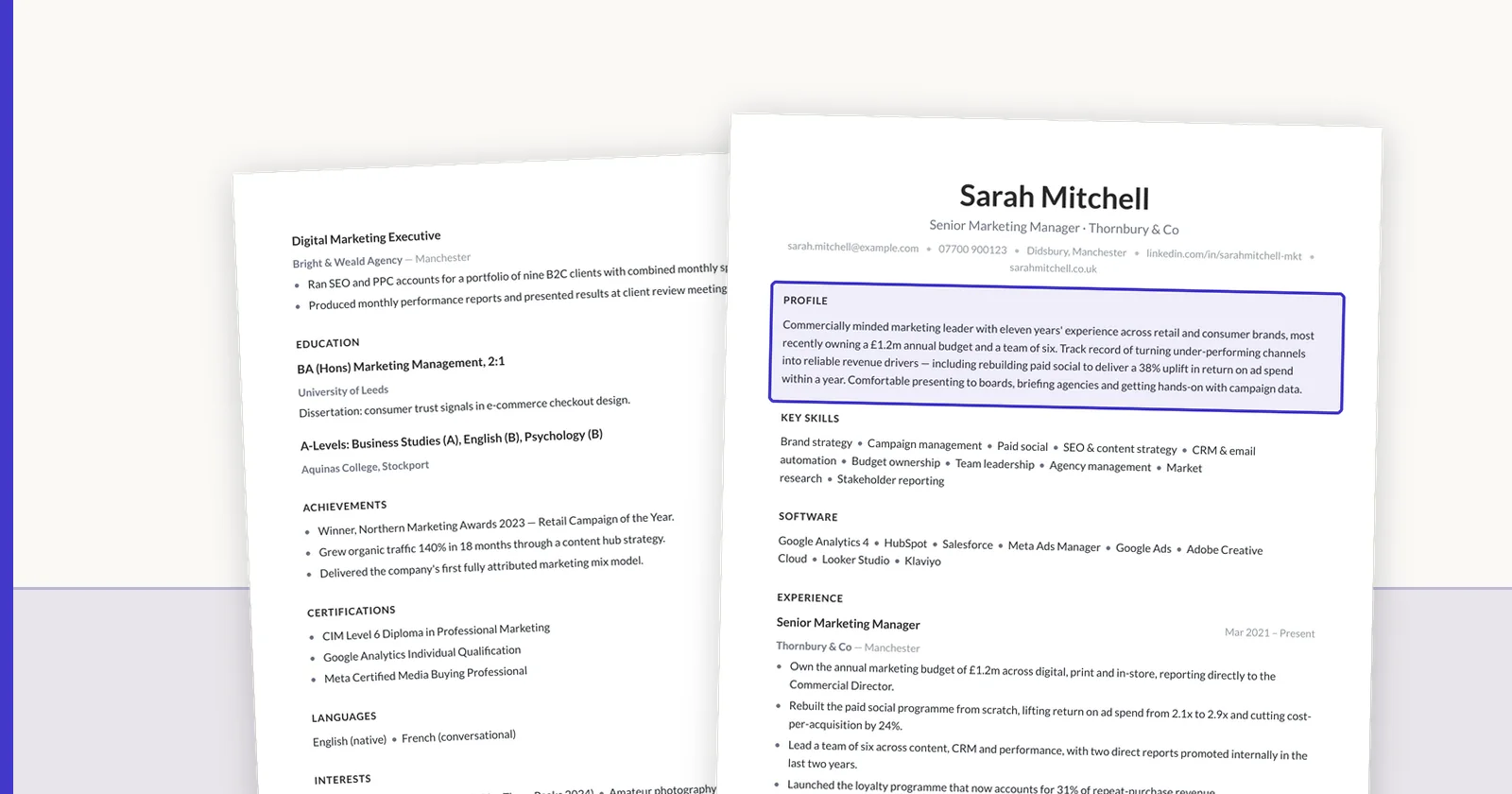 Both pages of one rendered candidate CV.