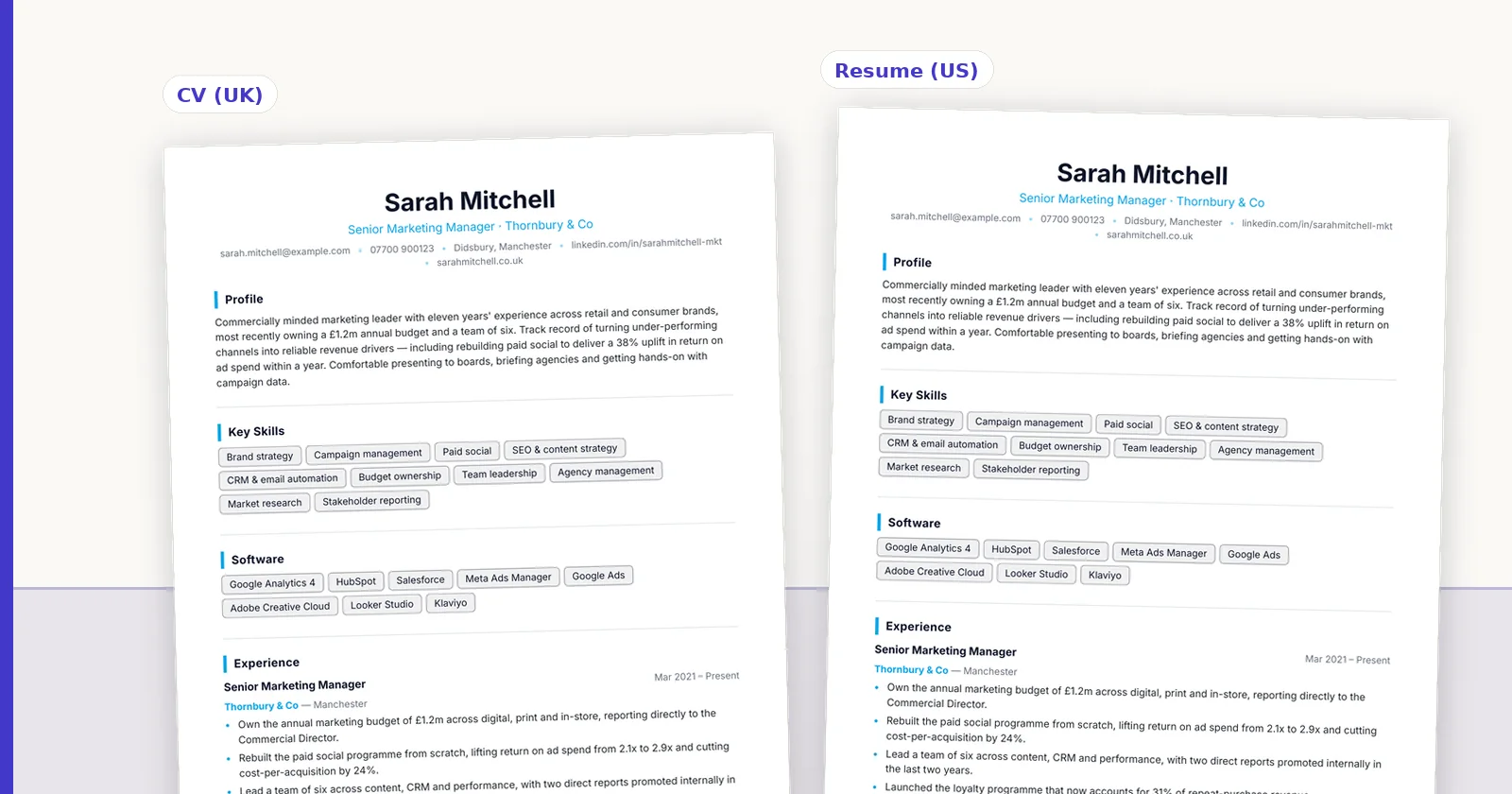 Two candidate CVs rendered side by side in different ConnectIQ templates.