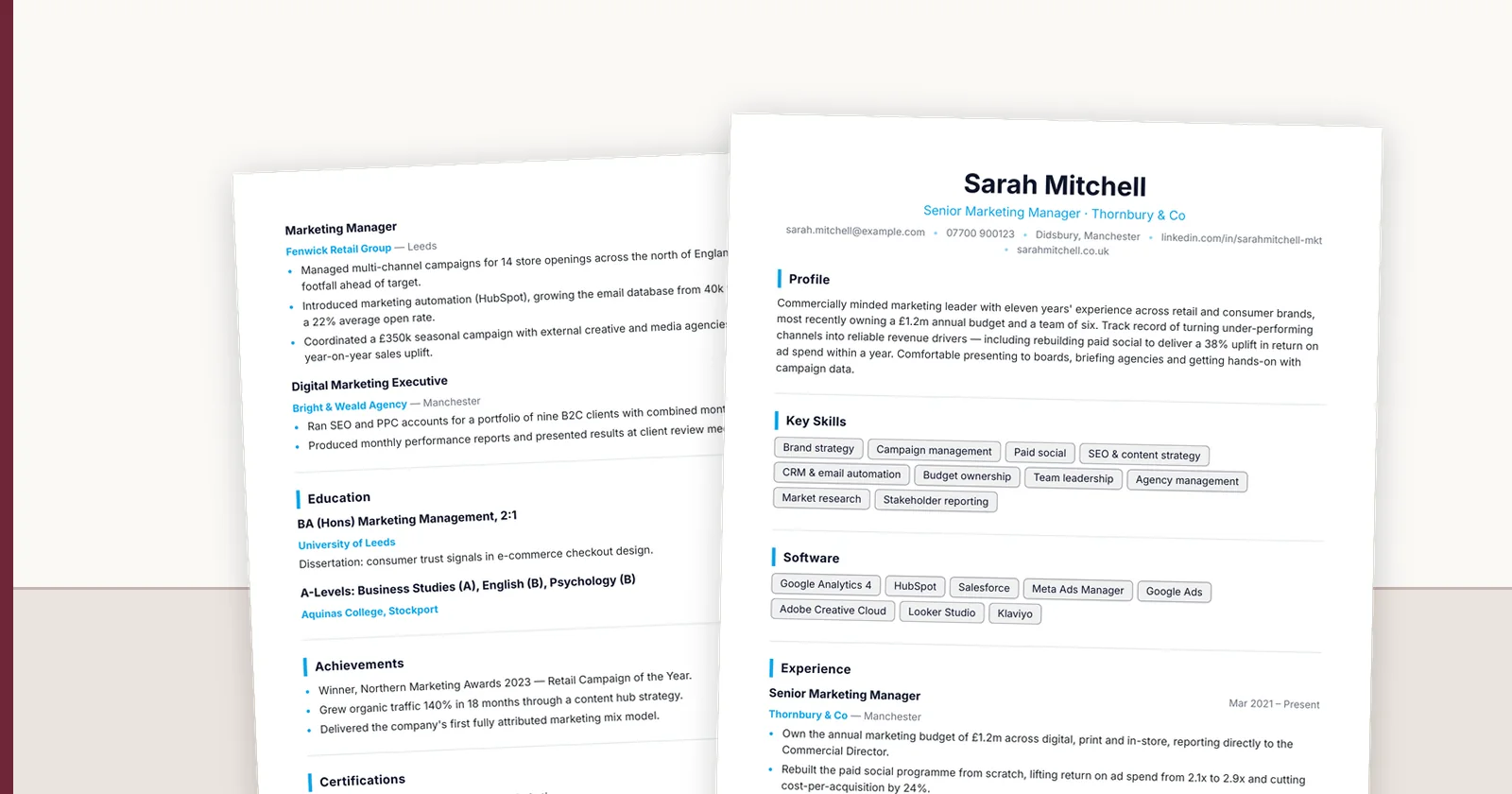 Both pages of one rendered candidate CV.