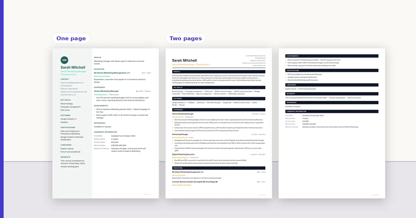 One candidate, two versions: a cut-down one-page resume and the full two-page version with evidence under each role.