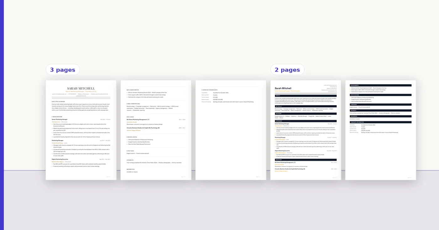 Layout alone changes length: the same resume runs to three pages in one template and two in another.