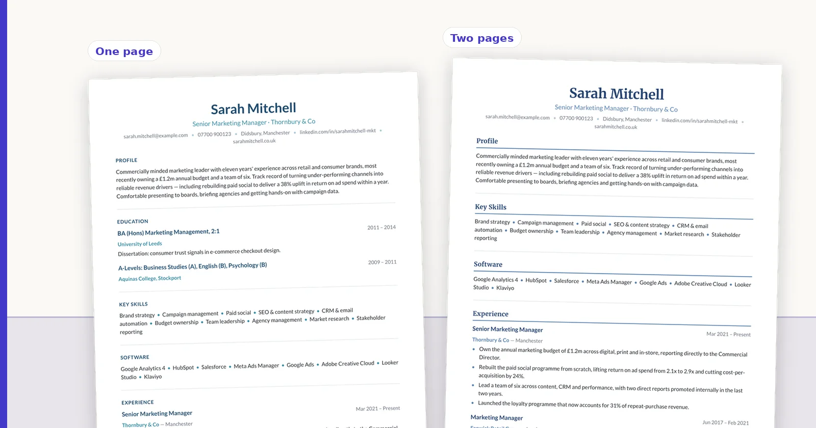 Two candidate CVs rendered side by side in different ConnectIQ templates.