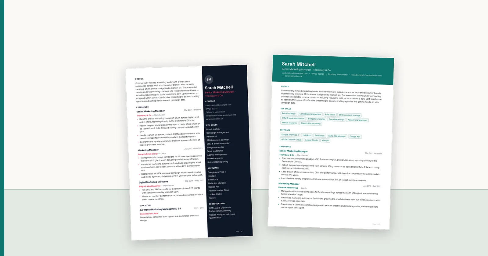 Two candidate CVs rendered side by side in different ConnectIQ templates.