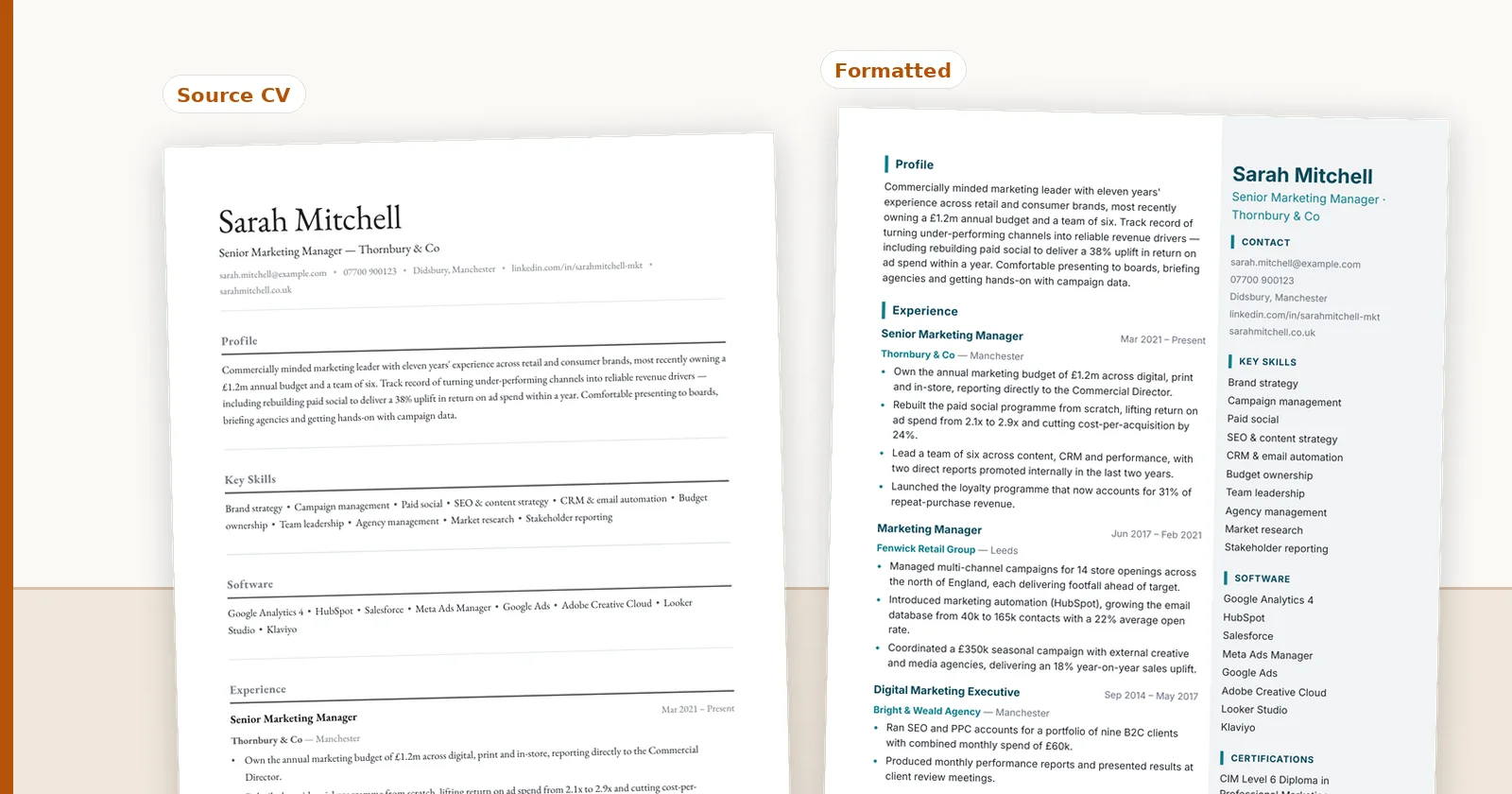 Two candidate CVs rendered side by side in different ConnectIQ templates.