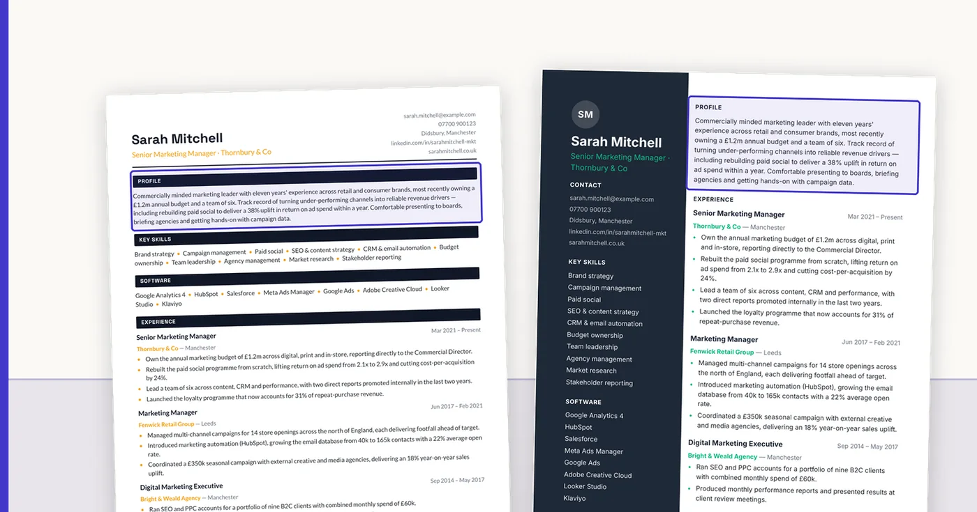 Where the summary sits in a single-column and a two-column layout: directly under the name, above the first job.