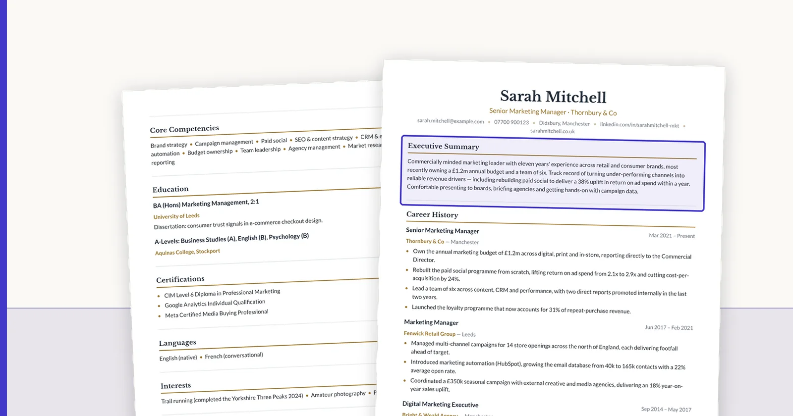 Both pages of one rendered candidate CV.