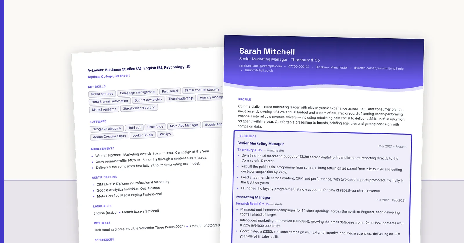 Both pages of one rendered candidate CV.