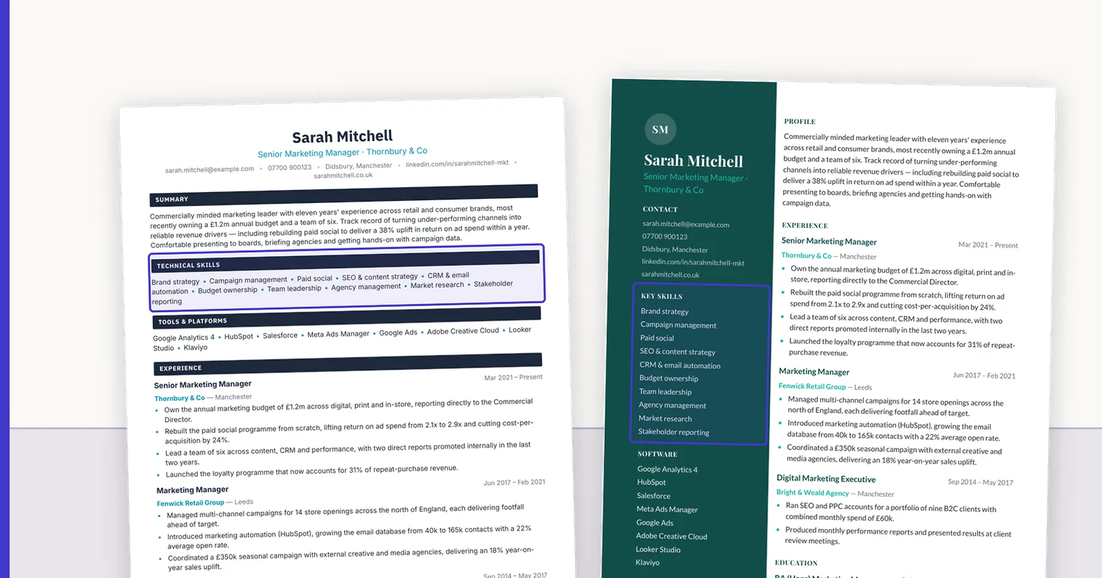 Two candidate CVs rendered side by side in different ConnectIQ templates.