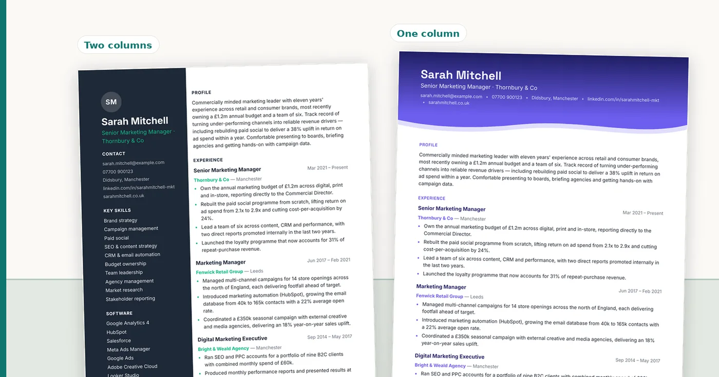 The same resume in a two-column and a single-column layout. In the first, a parser has to choose which column to read first; in the second there is one order.