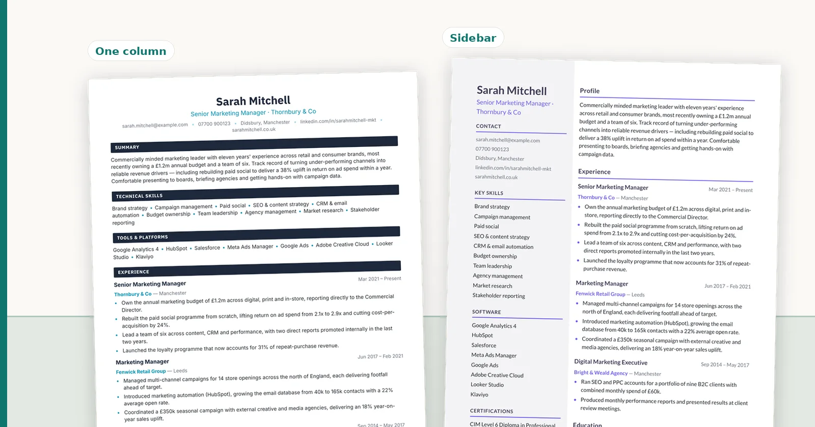 Two candidate CVs rendered side by side in different ConnectIQ templates.