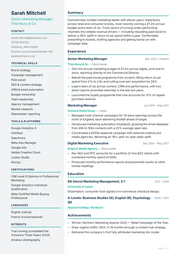 Aldgate CV template — technical, left sidebar layout