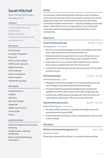 Bank CV template — corporate, left sidebar layout