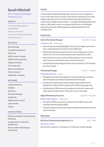 Battersea CV template — agency, left sidebar layout