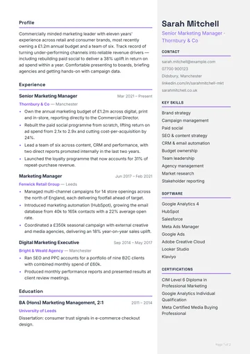 Bermondsey CV template — modern, right sidebar layout