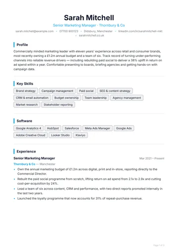 Camden CV template — modern, classic layout