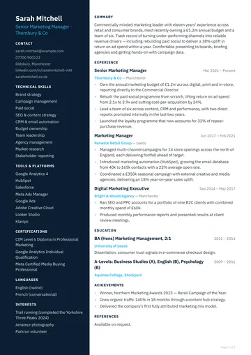 Canary Wharf CV template — technical, left sidebar layout