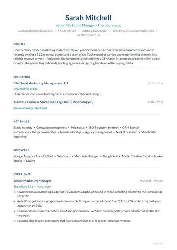 Clapham CV template — graduate, classic layout