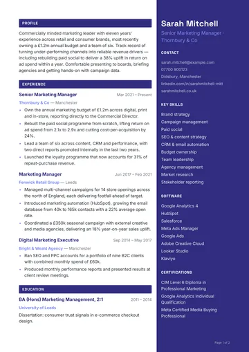 Clerkenwell resume template — creative, right sidebar layout