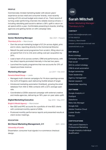 Covent Garden CV template — agency, right sidebar layout