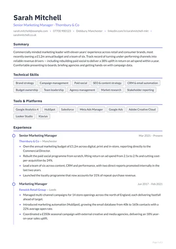 Euston CV template — technical, timeline layout