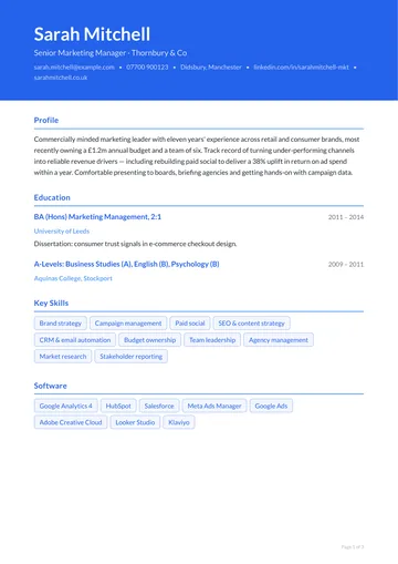 Fulham CV template — graduate, banner layout