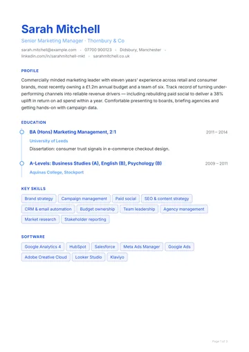 Greenwich CV template — graduate, timeline layout