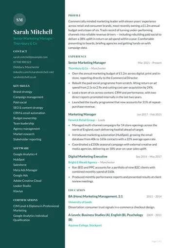 Hackney resume template — creative, left sidebar layout