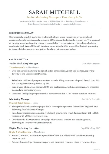 Hampstead CV template — agency, executive layout