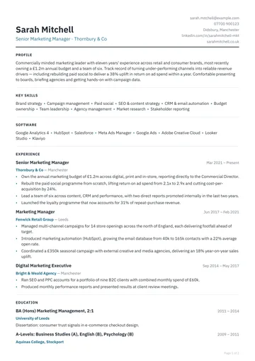 Holborn CV template — corporate, compact layout