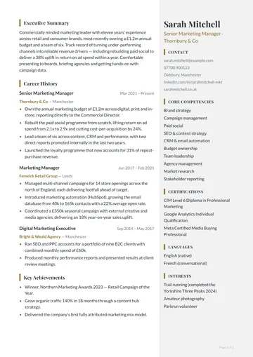 Kensington resume template — executive, right sidebar layout