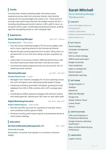 Monument CV template — corporate, right sidebar layout