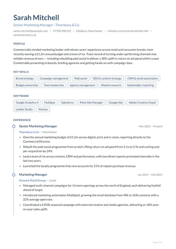 Paddington CV template — corporate, timeline layout