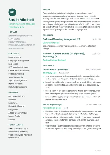 Putney CV template — graduate, left sidebar layout