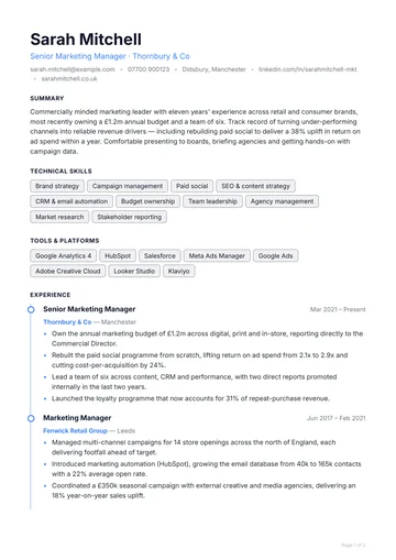 Stratford CV template — technical, timeline layout
