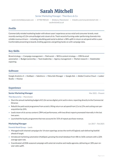Temple CV template — corporate, classic layout