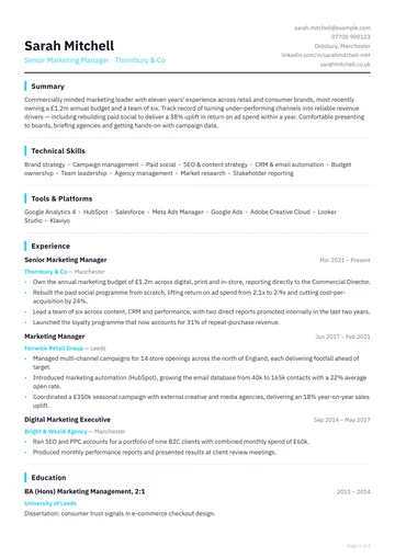 Vauxhall CV template — technical, compact layout