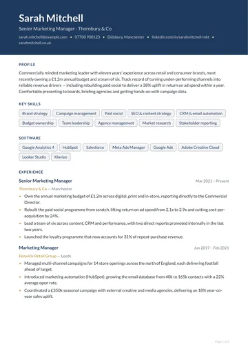 Victoria CV template — corporate, banner layout