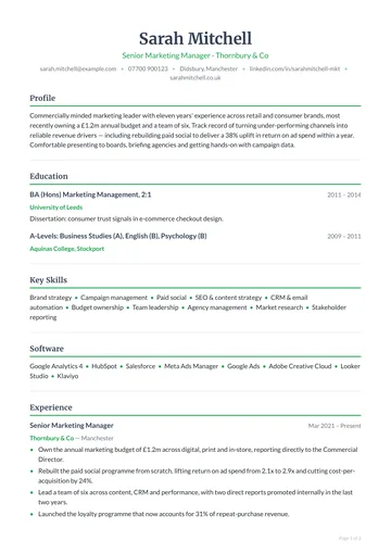 Wimbledon CV template — graduate, classic layout